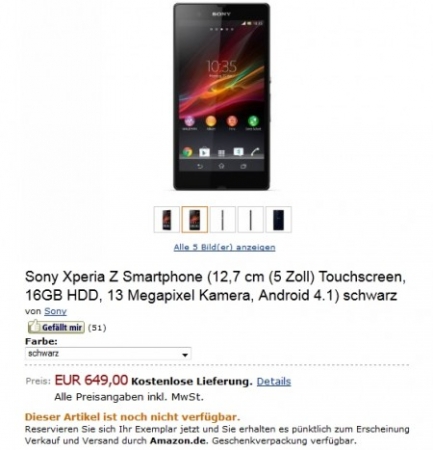 Объявлена Цена Sony Xperia Z в Европе